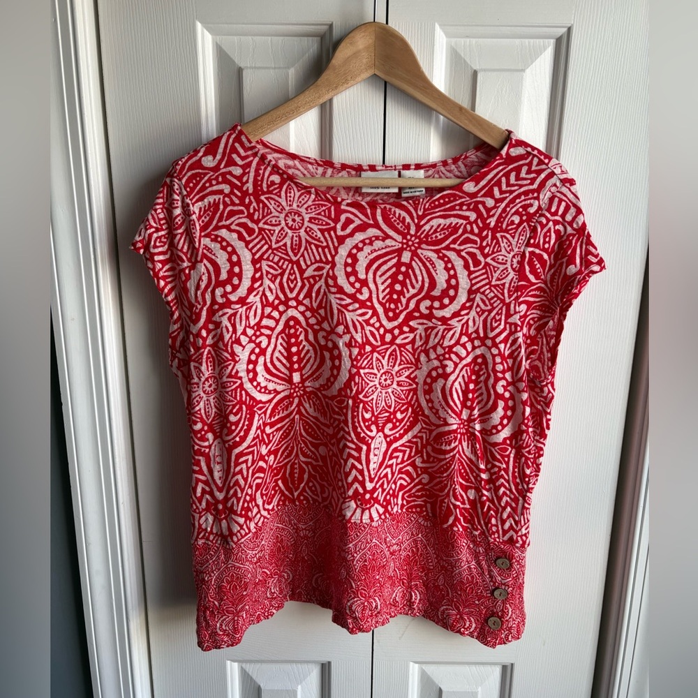 Rachel Zoe Womens Red Floral Linen Short Sleeve Shirt Size Large